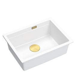 LOGAN 100 GraniteQ zlewozmywak snow white 59,5x45,1x21,5 cm 1-komorowy podwieszany z syfonem manualnym złoty