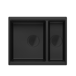 QUADRON | LOGAN 150 | granitowy zlewozmywak kuchenny CZARNY mat + CZARNY MAT | wymiary: 55,5 x 46 x 22 cm | 1,5-komorowy podwieszany | podbudowa szafk