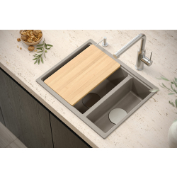 QUADRON | LOGAN 150 | granitowy zlewozmywak kuchenny CZARNY mat + CZARNY MAT | wymiary: 55,5 x 46 x 22 cm | 1,5-komorowy podwieszany | podbudowa szafk