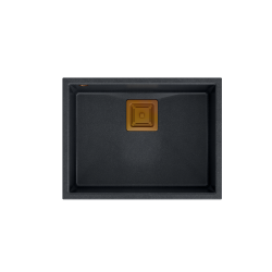 Zlewozmywak kuchenny granitowy podwieszany DAVID 50 black diamont  kwadratowy odpływ + syfon manualny miedziany + zaczepy QUADRON