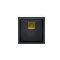 Zlewozmywak kuchenny granitowy podwieszany DAVID 40 black diamont kwadratowy odpływ + syfon manualny złoty + zaczepy QUADRON