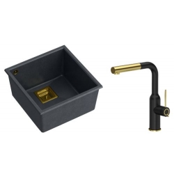 Zestaw zlewozmywak granitowy podwieszany DAVID 40 czarny + syfon złoty z baterią zlewozmywakową ANGELINA QLine czarno złota z wyciąganą wylewką.