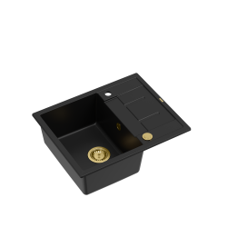 Zestaw zlewozmywak granitowy MORGAN 116 VERY BLACK czarny mat + syfon złoty PUSH 2 OPEN z baterią zlewozmywakową ANGELINA QLine czarno złota