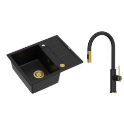 Zestaw zlewozmywak granitowy MORGAN 116 VERY BLACK czarny mat + syfon złoty PUSH 2 OPEN z baterią zlewozmywakową JENNIFER QLine czarno złota z wyciąga
