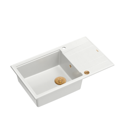 Zlewozmywak kuchenny granitowy EVAN 136 XL GraniteQ snow white / biały + syfon miedziany PUSH 2 OPEN QUADRON