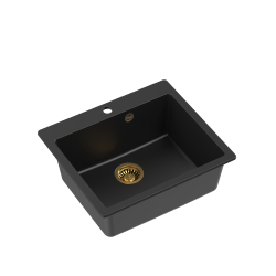 Zestaw zlewozmywak granitowy MORGAN 110 VERY BLACK czarny mat + syfon złoty z baterią zlewozmywakową JESSICA QLine czarno złota z wyciąganą wylewką.
