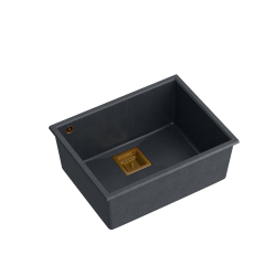 Zlewozmywak kuchenny granitowy podwieszany DAVID 50 black diamont  kwadratowy odpływ + syfon manualny miedziany + zaczepy QUADRON