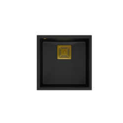 Zlewozmywak kuchenny granitowy podwieszany DAVID 40 VERY BLACK pure carbon kwadratowy odpływ + syfon manualny złoty + zaczepy QUADRON