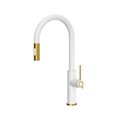 JENNIFER Q LINE SLIM SteelQ bateria kuchenna Snow white / Nano PVD złoty, z wyciąganą wylewką z funkcją prysznica