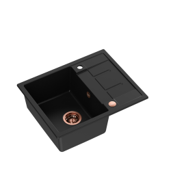 Zestaw zlewozmywak granitowy MORGAN 116 VERY BLACK czarny mat + syfon miedziany z baterią zlewozmywakową JESSICA QLine miedziana z wyciąganą wylewką.