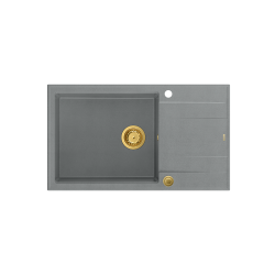 Zlewozmywak kuchenny granitowy EVAN 136 XL GraniteQ silver stone / szary + syfon złoty PUSH 2 OPEN QUADRON
