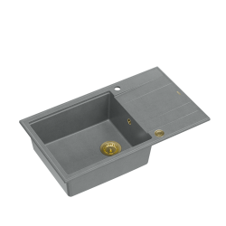 Zlewozmywak kuchenny granitowy EVAN 136 XL GraniteQ silver stone / szary + syfon złoty PUSH 2 OPEN QUADRON