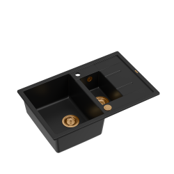 Zlewozmywak kuchenny granitowy MORGAN 156 Very Black czarny + syfon miedziany PUSH 2 OPEN QUADRON