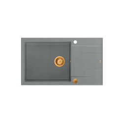 Zlewozmywak kuchenny granitowy EVAN 136 XL GraniteQ silver stone / szary + syfon miedziany Push 2 open QUADRON