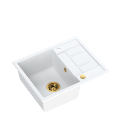 Zestaw zlewozmywak granitowy MORGAN 116 biały + syfon złoty z baterią zlewozmywakową JESSICA QLine złota z wyciąganą wylewką oraz funkcją prysznica.