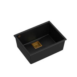 Zlewozmywak kuchenny granitowy podwieszany DAVID 50 pure carbon  VERY BLACK czarny mat kwadratowy odpływ + syfon manualny miedziany+ zaczepy QUADRON