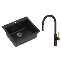 Zestaw zlewozmywak granitowy MORGAN 110 VERY BLACK czarny mat + syfon złoty z baterią zlewozmywakową JENNIFER QLine czarno złota z wyciąganą wylewką.