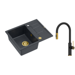 Zestaw zlewozmywak granitowy MORGAN 116 czarny + syfon złoty PUSH 2 OPEN z baterią zlewozmywakową JENNIFER QLine czarno złota z wyciąganą wylewką.