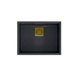 Zlewozmywak kuchenny granitowy podwieszany DAVID 50 black diamont  kwadratowy odpływ + syfon manualny złoty + zaczepy QUADRON