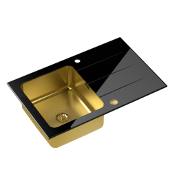 Zestaw zlewozmywak szklany FORD 111 HardQ/SteelQ złoty + bateria kuchenna MARYLIN złota PVD z wyciąganą wylewką + syfon z odpływem 3,5