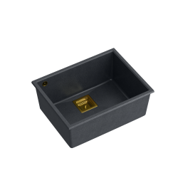 Zlewozmywak kuchenny granitowy podwieszany DAVID 50 black diamont  kwadratowy odpływ + syfon manualny złoty + zaczepy QUADRON