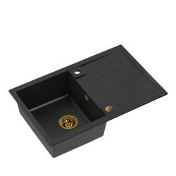 Zestaw zlewozmywak granitowy MORGAN 111 VERY BLACK czarny mat + syfon złoty z baterią zlewozmywakową ANGELINA QLine złota