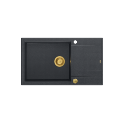 Zlewozmywak kuchenny granitowy EVAN 136 XL GraniteQ black diamond / czarny + syfon złoty PUSH 2 OPEN QUADRON