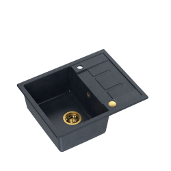 Zestaw zlewozmywak granitowy MORGAN 116 VERY BLACK czarny mat + syfon złoty z baterią zlewozmywakową HALEY TLine pure carbon / czarny mat