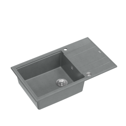 Zlewozmywak kuchenny granitowy EVAN 136 XL GraniteQ silver stone / szary + syfon stalowy PUSH 2 OPEN QUADRON