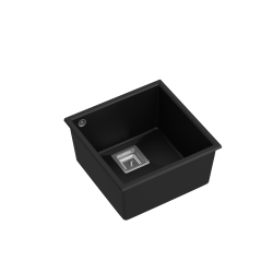 Zlewozmywak kuchenny granitowy podwieszany DAVID 40 VERY BLACK czarny mat kwadratowy odpływ + syfon manualny stal szczotkowana + zaczepy QUADRON