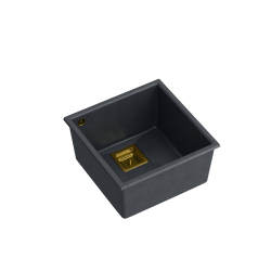 Zlewozmywak kuchenny granitowy podwieszany DAVID 40 black diamont kwadratowy odpływ + syfon manualny złoty + zaczepy QUADRON