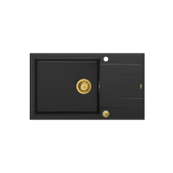 Zlewozmywak kuchenny granitowy EVAN 136 XL GraniteQ pure carbon / czarny mat + syfon złoty PUSH 2 OPEN QUADRON