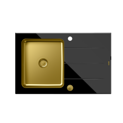 Zlewozmywak 1-komorowy szklany  FORD 111 HardQ czarny / złota komora+ syfon PUSH 2 OPEN 3,5
