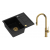 Zestaw zlewozmywak granitowy MORGAN 116 VERY BLACK czarny mat + syfon złoty z baterią zlewozmywakową JENNIFER QLine złota z wyciąganą wylewką.
