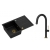 Zestaw zlewozmywak granitowy MORGAN 111 VERY BLACK czarny mat + syfon złoty z baterią HALEY TLine pure carbon / czarny mat złote wykończenie.