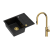 Zestaw zlewozmywak granitowy MORGAN 116 VERY BLACK czarny mat + syfon złoty PUSH 2 OPEN z baterią zlewozmywakową JENNIFER QLine złota z wyciąganą wyle