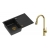Zestaw zlewozmywak granitowy MORGAN 111 VERY BLACK czarny mat + syfon złoty z baterią zlewozmywakową JESSICA QLine złota z wyciąganą wylewką.