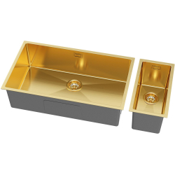 STELIO 80 – PVD ZŁOTO zlewozmywak podwieszany 740×440 mm stal nierdzewna HQ, ukryty przelew, syfon save space